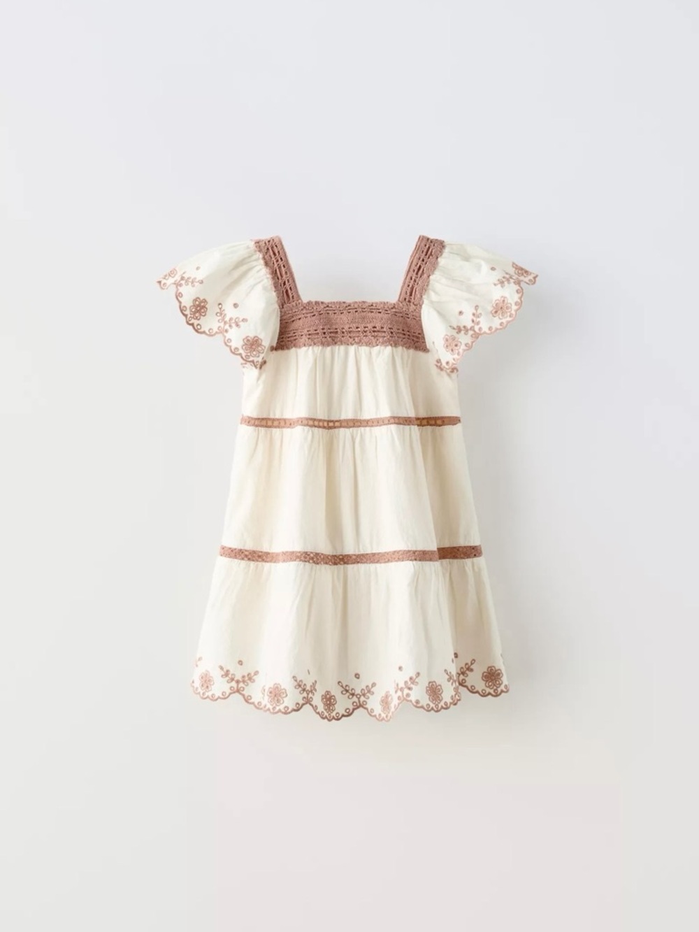 Zara Cream and Brown Flutter Sleeve Dress